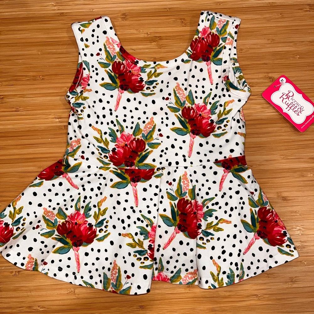 Ricrac & Ruffles Floral Polka Dot Top Tank Girls Sz 3T Cotton Toddler NEW